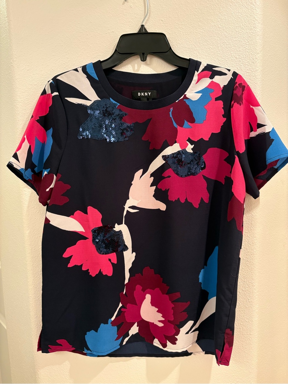 DKNY Navy Floral Short Sleeve Top with Pink & Blue Accents